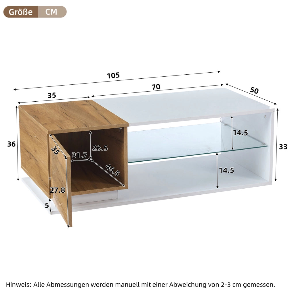 Tavolino da salotto LED con vano contenitore 105x50x36 cm in truciolare e vetro temperato; bianco e rovere
