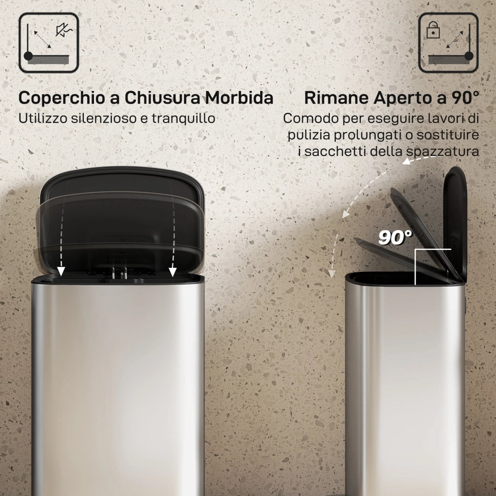Pattumiera a Pedale da 50L con Coperchio Ammortizzato. Apertura a 90¡ã e Secchio Rimovibile. Acciaio Inox. Grigio