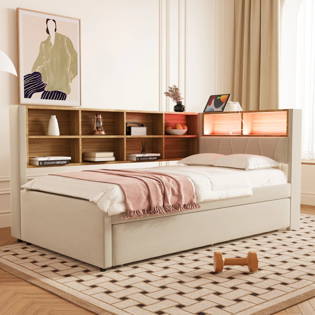 DIVANO LETTO Estraibile 90x200 cm Flanella Beige con LED e prese