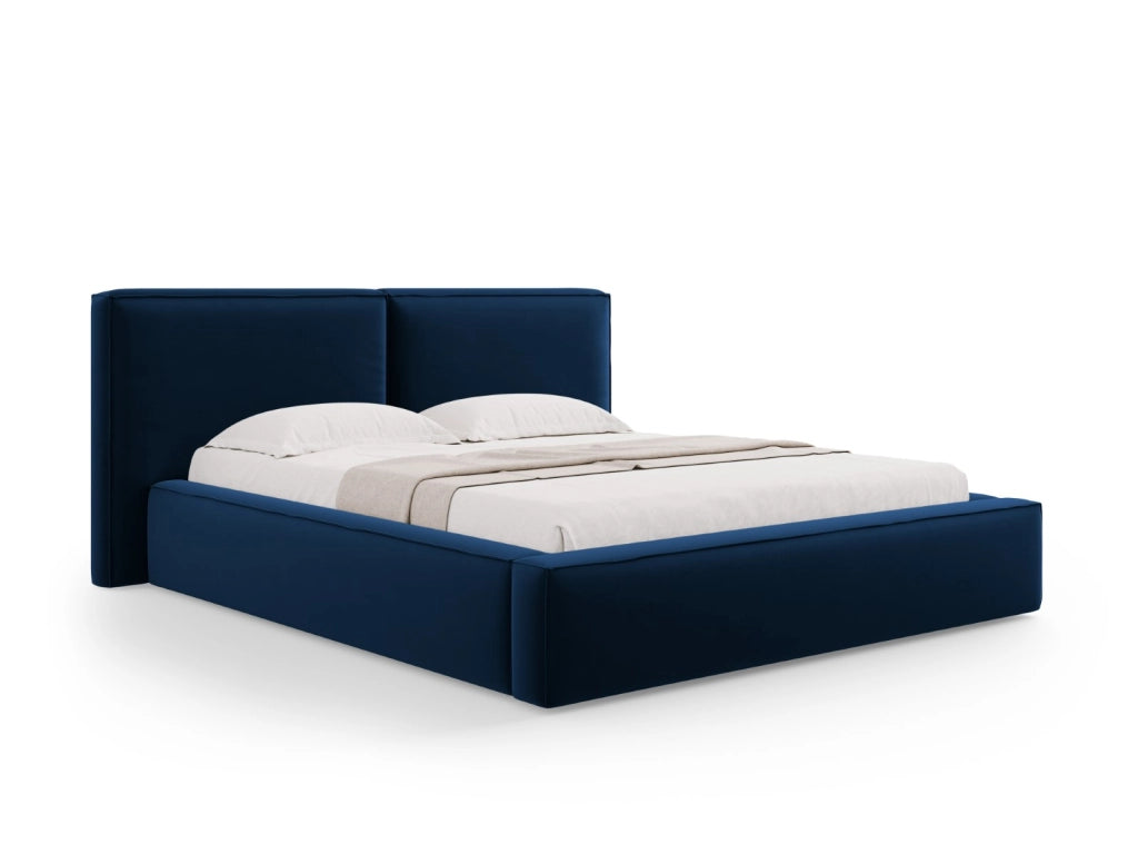 Cosmopolitan Design - Letto a cassettone con testiera doppia "Arendal" 200x200cm in velluto blu reale 
