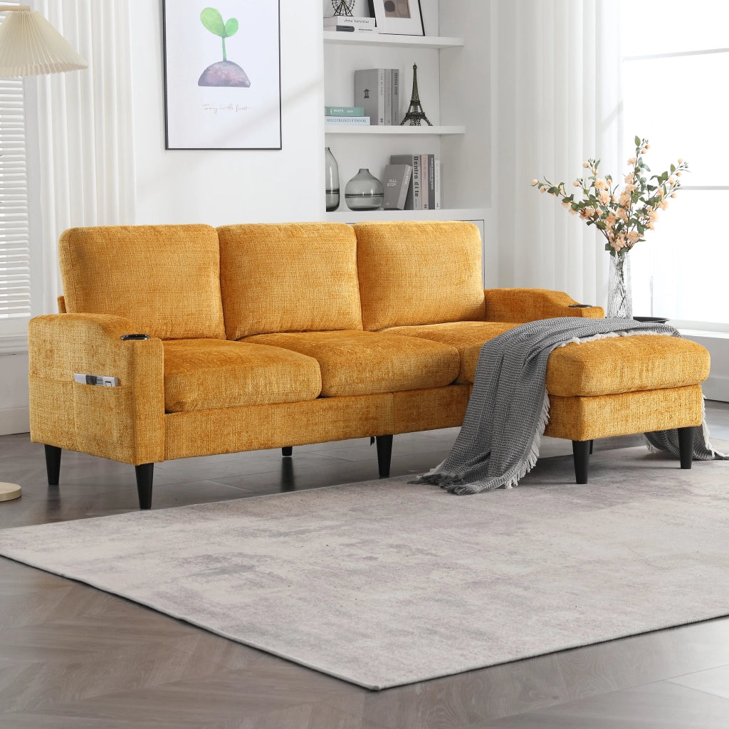 Divano 4 Posti con Poggiapiedi e Contenitore ¨C MINIMAL ¨C Velluto, Braccioli, Portabicchieri