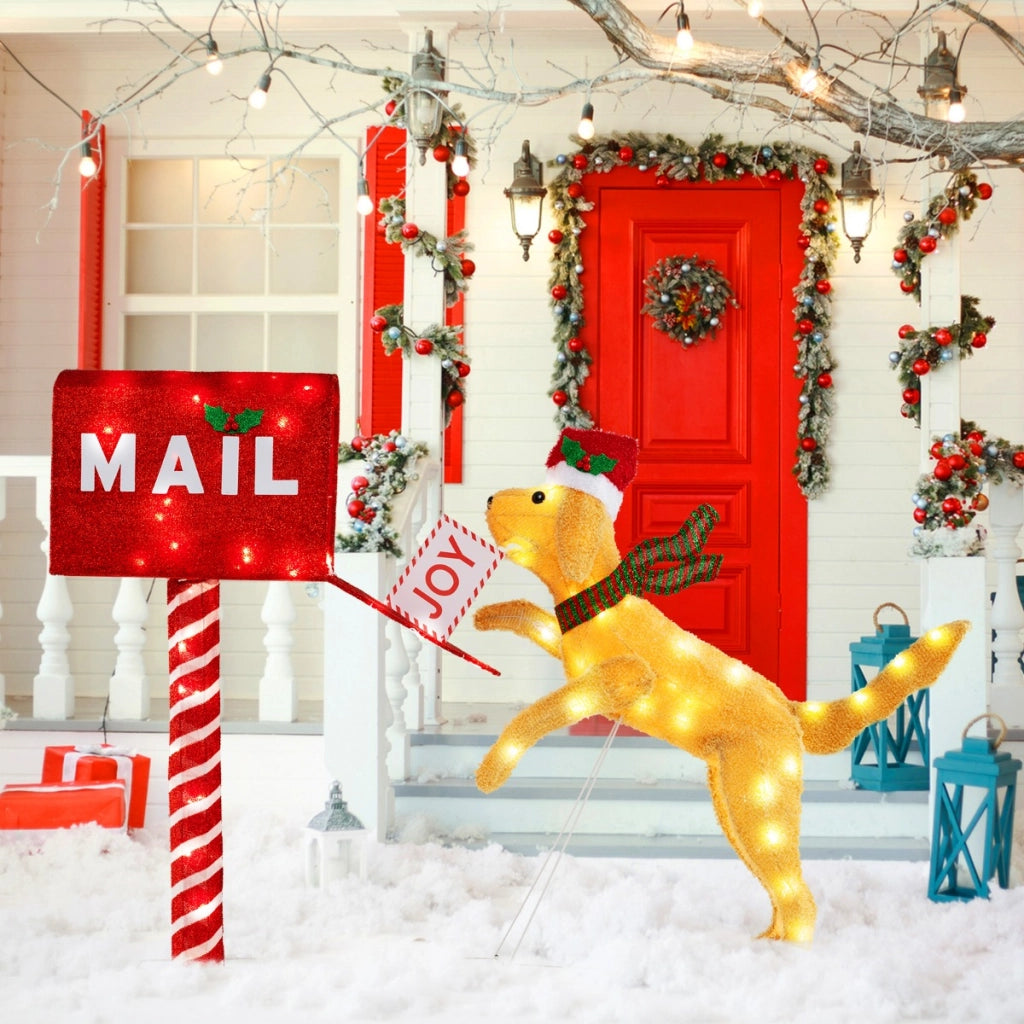 Cassetta postale natalizia e cane con 120 luci LED bianco caldo, Decorazione festiva pre-illuminata con fascette