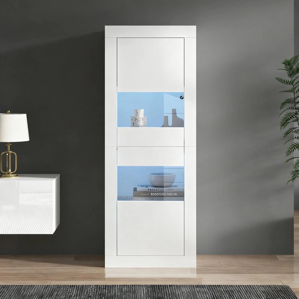 Vetrina con 2 ante e 4 vani con ripiani regolabili in vetro e LED per soggiorno o sala da pranzo 61×42×162 cm