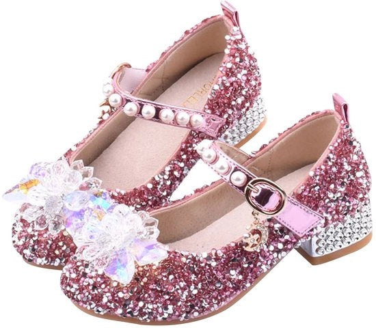 Scarpe per bambina Mary Jane - Scarpe da cerimonia/scarpe da festa - Tacco piatto - Cinturino regolabile - Naso rotondo - Fiore scintillante - Scarpe a gonna