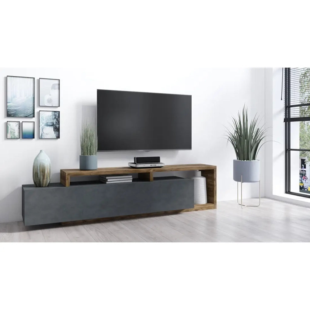Mobile porta TV design 220cm collezione BERGAMO. Colori grigio e rovere scuro.