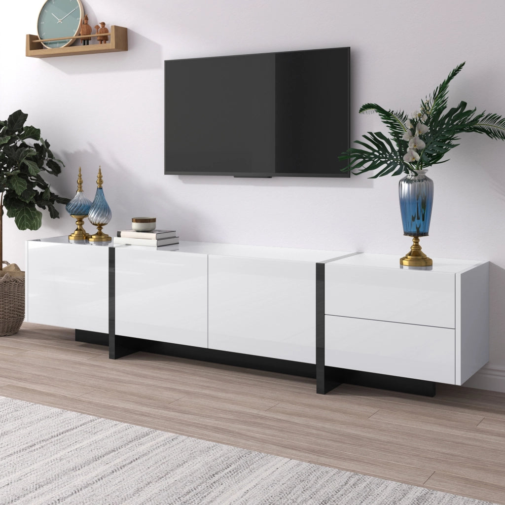 Cassettiera TV bianca lucida e nera; in truciolato; lunghezza 190 cm