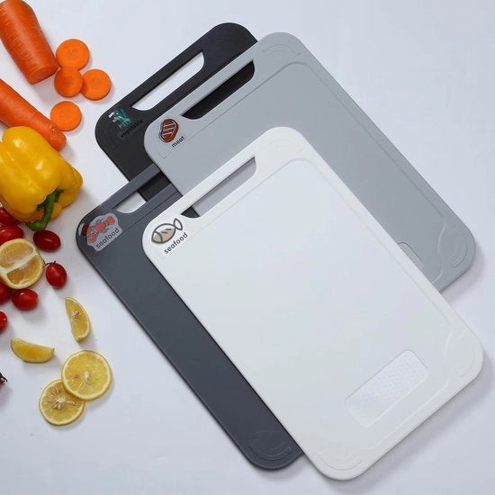 Set di taglieri 4 pezzi con lama universale - Etichette DIY - Maniglie Easy Grip - Antibatterico - Resistente alla lavatrice - Viso Frutta Verdura Carne