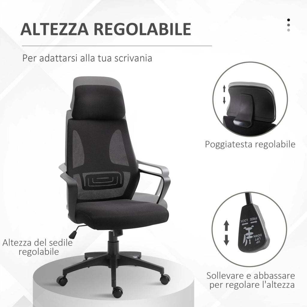 Sedia Operativa da Ufficio Reclinabile con Poggiatesta e Supporto Lombare 64x55x116-126 cm Nero