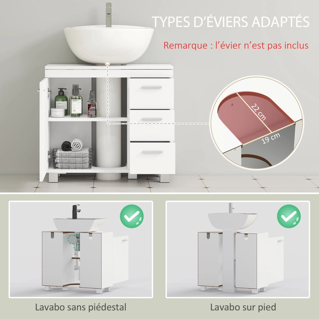 Mobiletto Sottolavabo con 3 Cassetti e Anta ¨C zephmum ¨C Bianco 70x30x64 cm