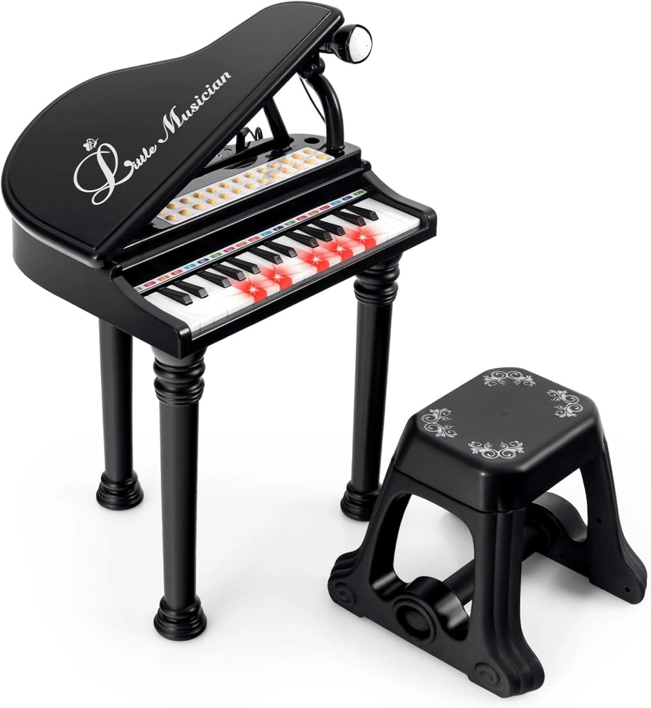 Tastiera Pianoforte a 31 Tasti con Microfono e Sgabello, Pianoforte Giocattolo Portatile con Modalità di Insegnamento a LED, Pianoforte a Coda per Bambini 3+ Anni (Nero), 35 x 30 x 55 cm