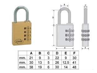 LUCCHETTO AD ARCO A COMBINAZIONE PL020- - mm.38 a 4 combinatori (PL0204100) - 2 blister CORBIN