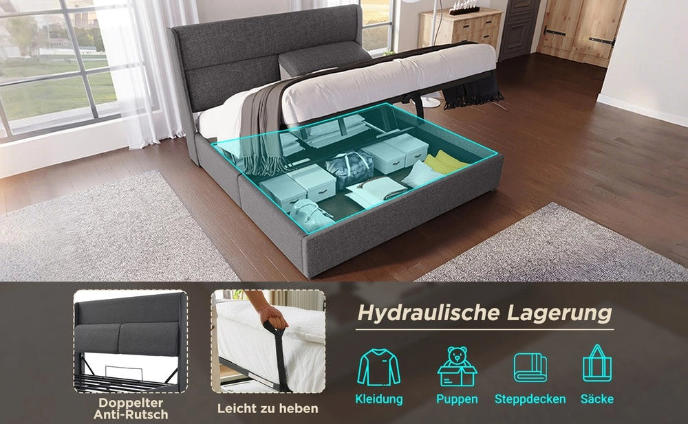 Letto Contenitore Imbottito 140x200 ¨C MINIMAL ¨C Grigio, Tessuto Lino, Metallo, Idraulico, Testiera Regolabile