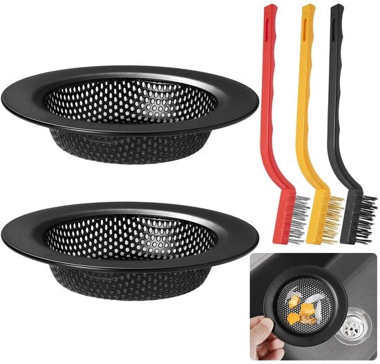 Doppio Set di Filtro per Acqua Nera - 2 Pezzi - Filtro per Acqua Grigia - Filtro per Acqua Nera - Acciaio Inossidabile - Set di Spazzole per la Pulizia - Cattura Capelli e Rifiuti - Filtro per Acqua Nera