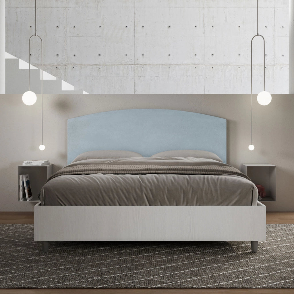 Letto Matrimoniale 160x200 cm con Rete e Contenitore Alzata Comoda Struttura Bianco Frassico e Testata in Microfibra