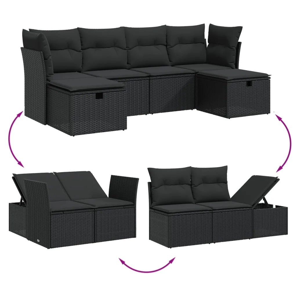 Set Divano da Giardino 6 pz con Cuscini Nero in Polyrattan