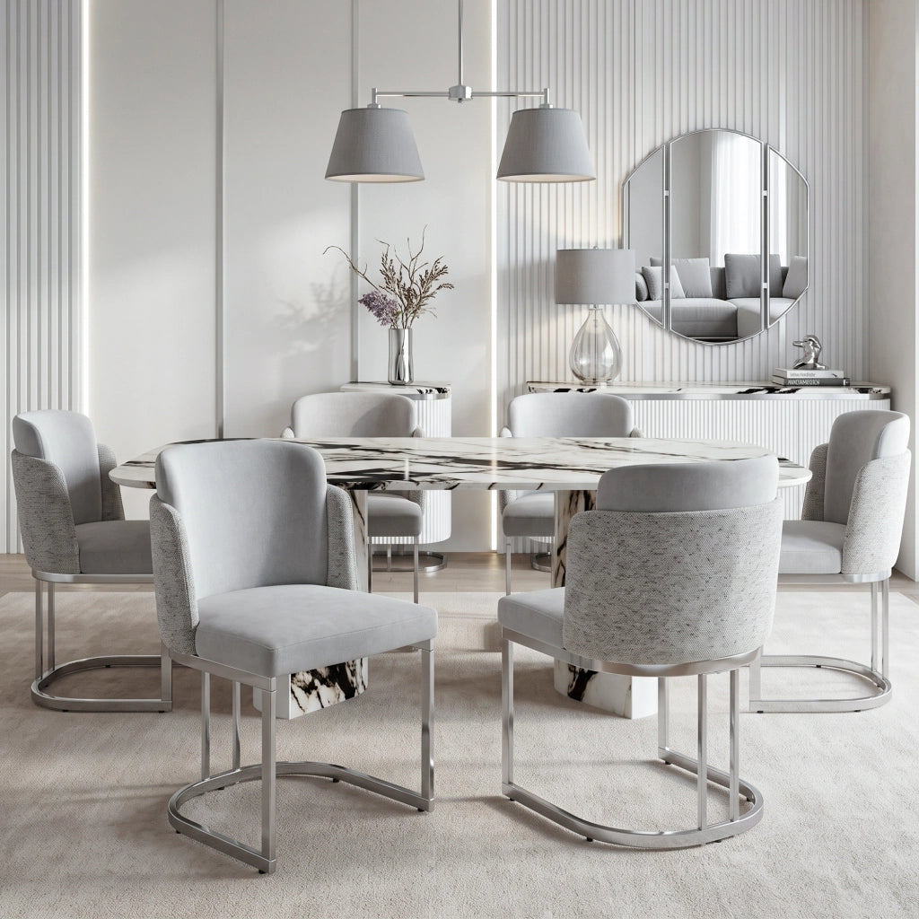 Sedia da Pranzo Set da 2 con Schienale Doppio e Gambe in Metallo Galvanizzato, in Ciniglia Grigio + Argento