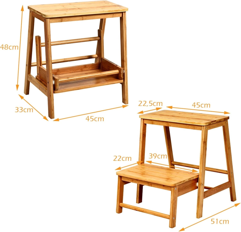 Sgabello Scala in Bambù Sedia Scaletta, Richiudibile Salvaspazio, Portata 100 kg, 45 x 51 x 48 cm (Naturale)