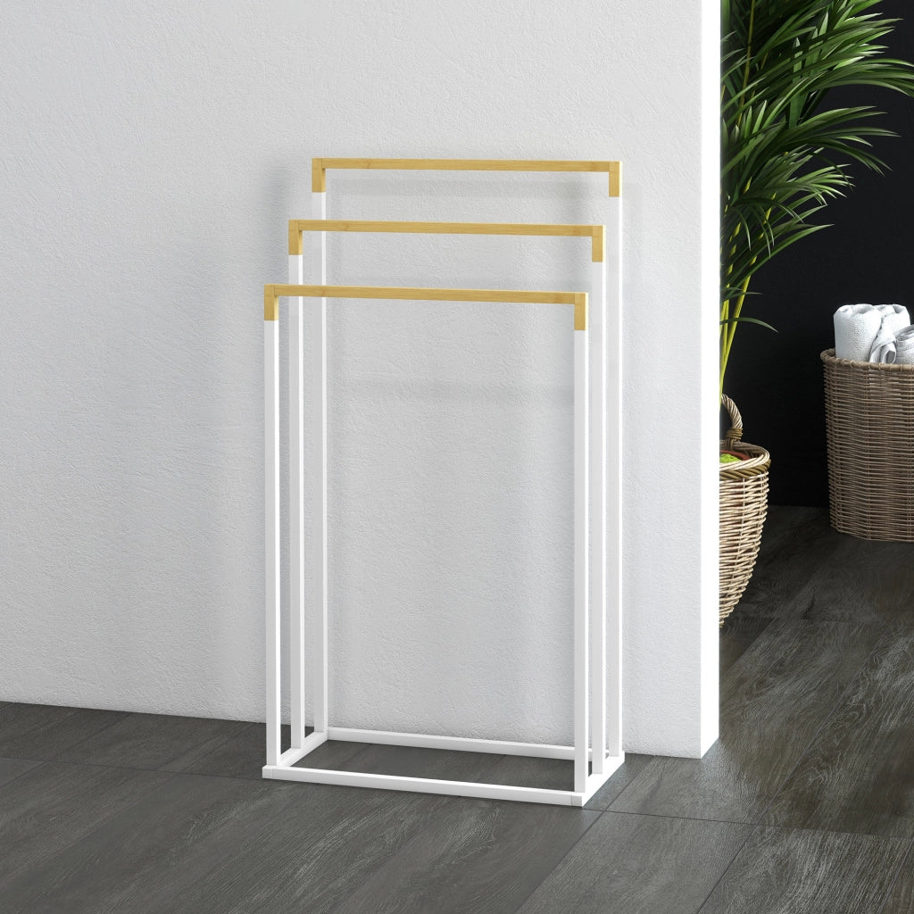 Portasciugamani Autoportante 3 Sbarre Bamb¨´ Acciaio ¨C Xylo ¨C Bianco Legno 45x22.5x86cm