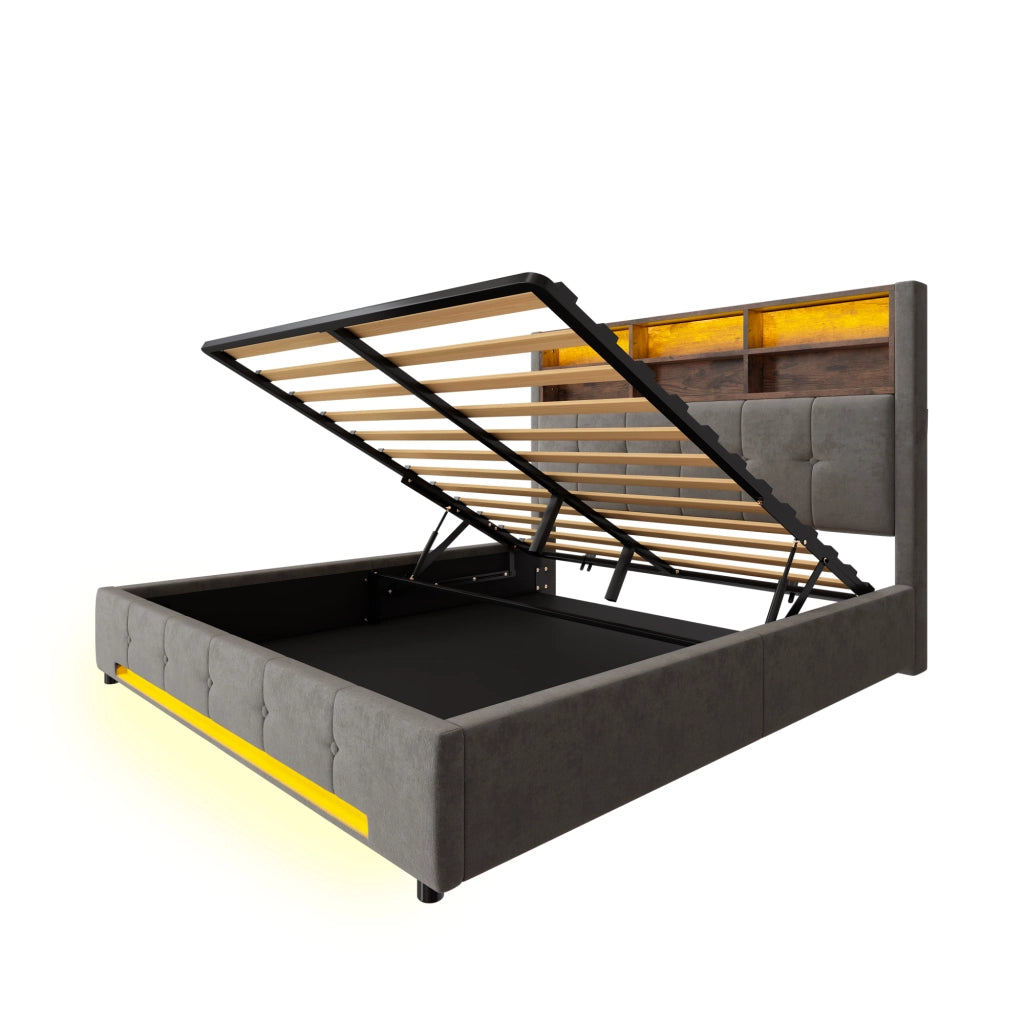 DESMIU Letto contenitore 160 × 200 cm 2 posti con USB-C, LED, 6 scomparti, senza materasso, in velluto grigio scuro