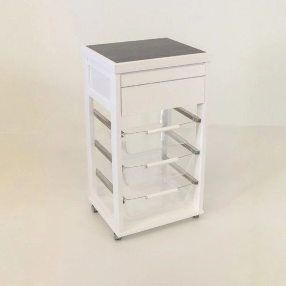 Carrello Dolly in faggio massello colore bianco con cesti estraibili in acrilico trasparente