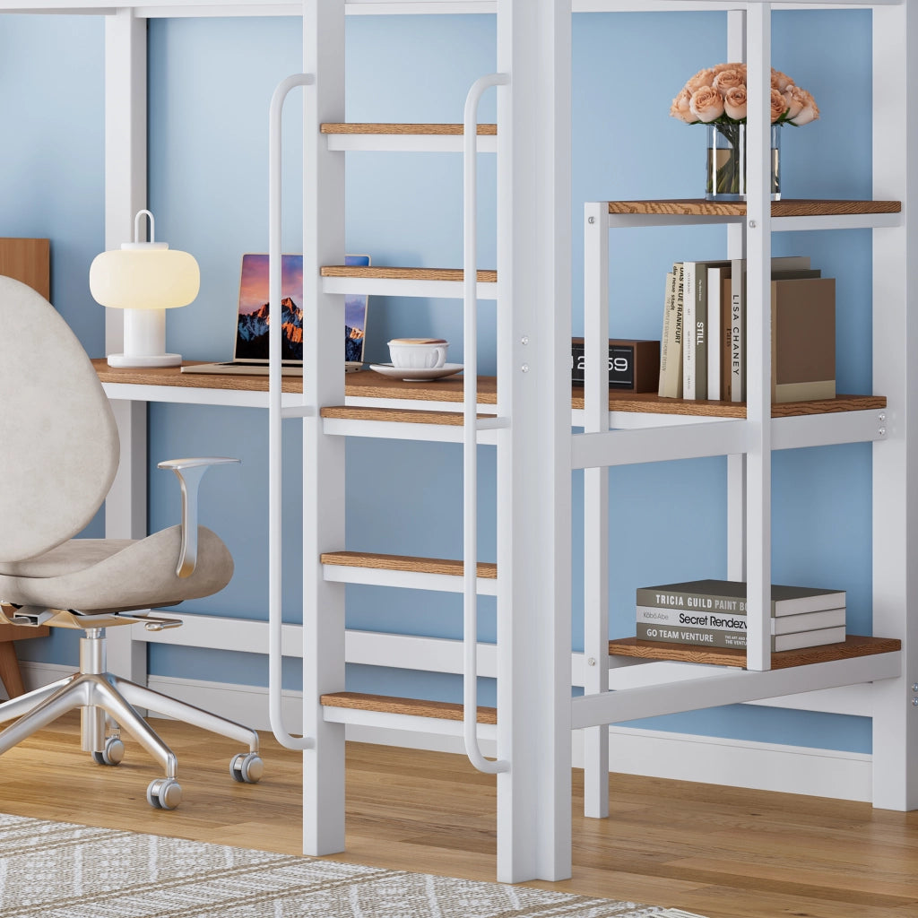 DESMIU Letto a Soppalco 1 Posto con Scrivania, Scaffali e Scala 90 × 200 cm, Senza Materasso, Metallo e Legno, Bianco Naturale