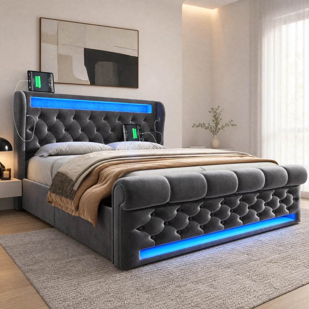 DESMIU Letto contenitore 140 × 200 cm 2 posti con LED, USB e Type C, senza materasso, in velluto, grigio