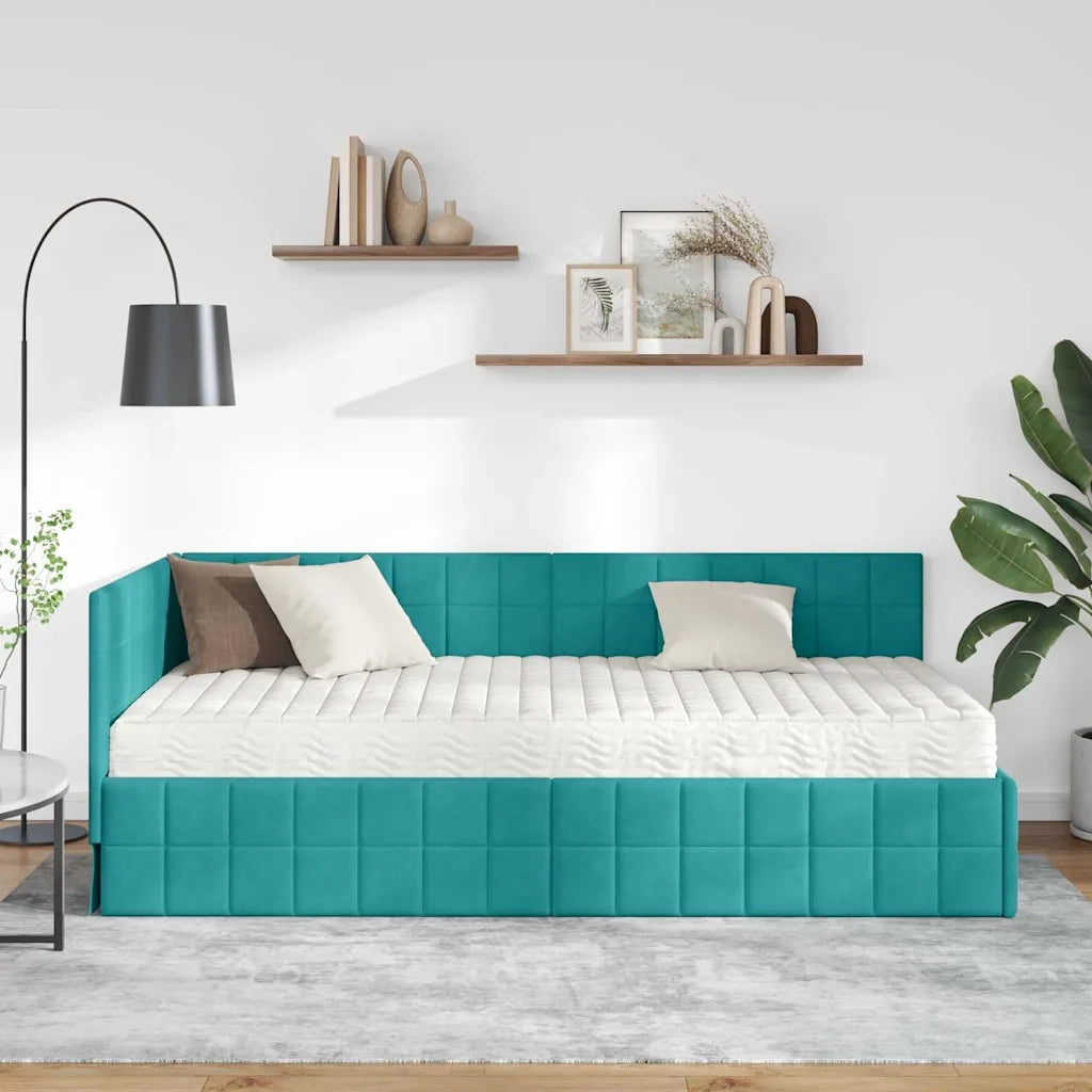Letto singolo | Letto per adulti | Struttura Letto Angolare con Materasso 2 pcs Turchese Velluto