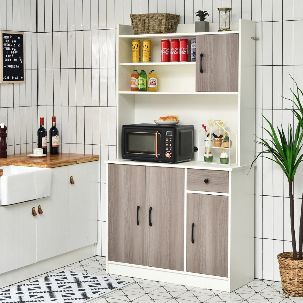 Armadio da cucina alto 180cm con stazione di ricarica integrata, Buffet con vetrina piano per microonde cassetto Bianco