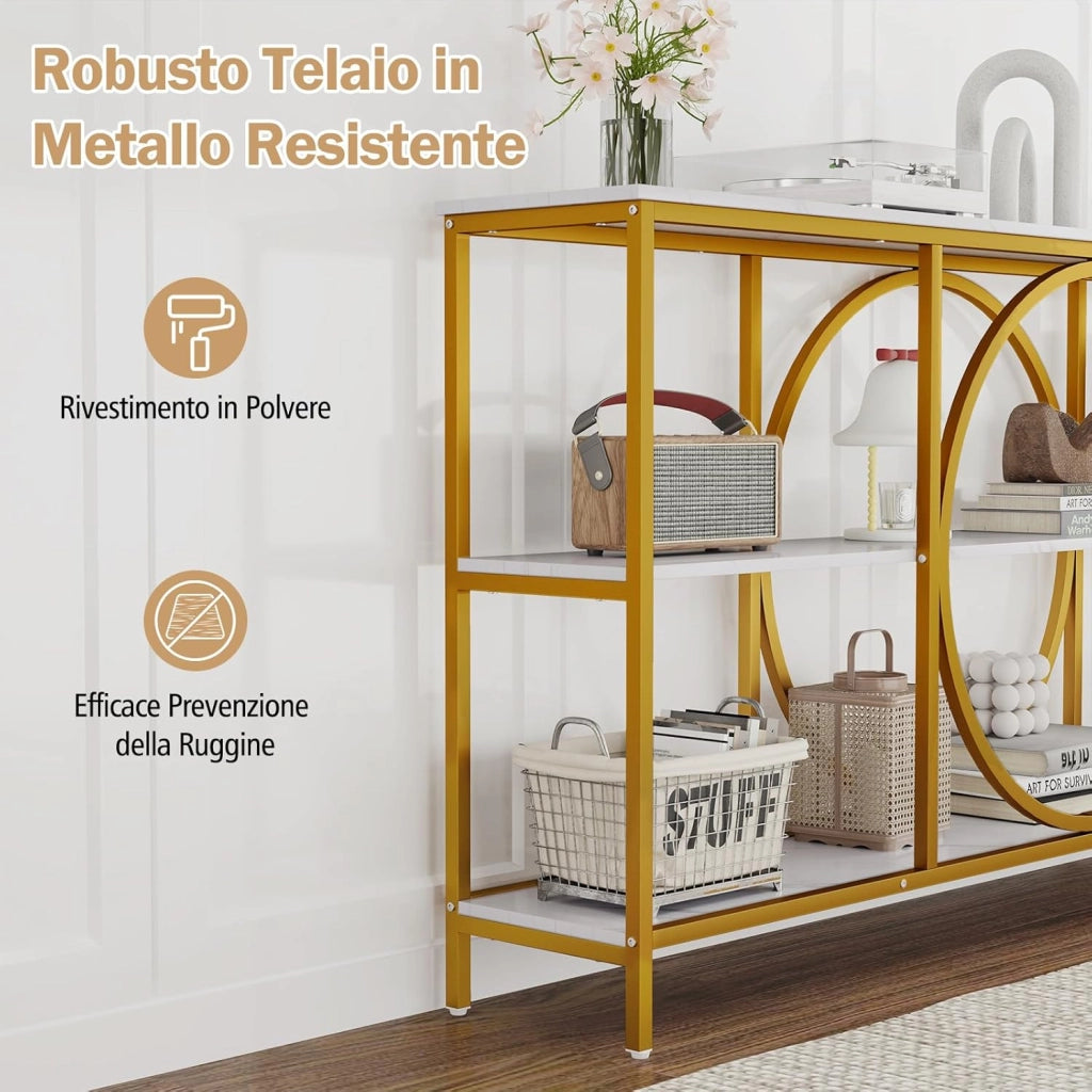 Tavolo Consolle a 3 Piani, Tavolo d’Ingresso con Piano in Legno, Struttura in Metallo e Ripiani, Tavolo per Corridoio, Soggiorno e Ingresso, 180 x 30 x 90 cm (Bianco e oro)