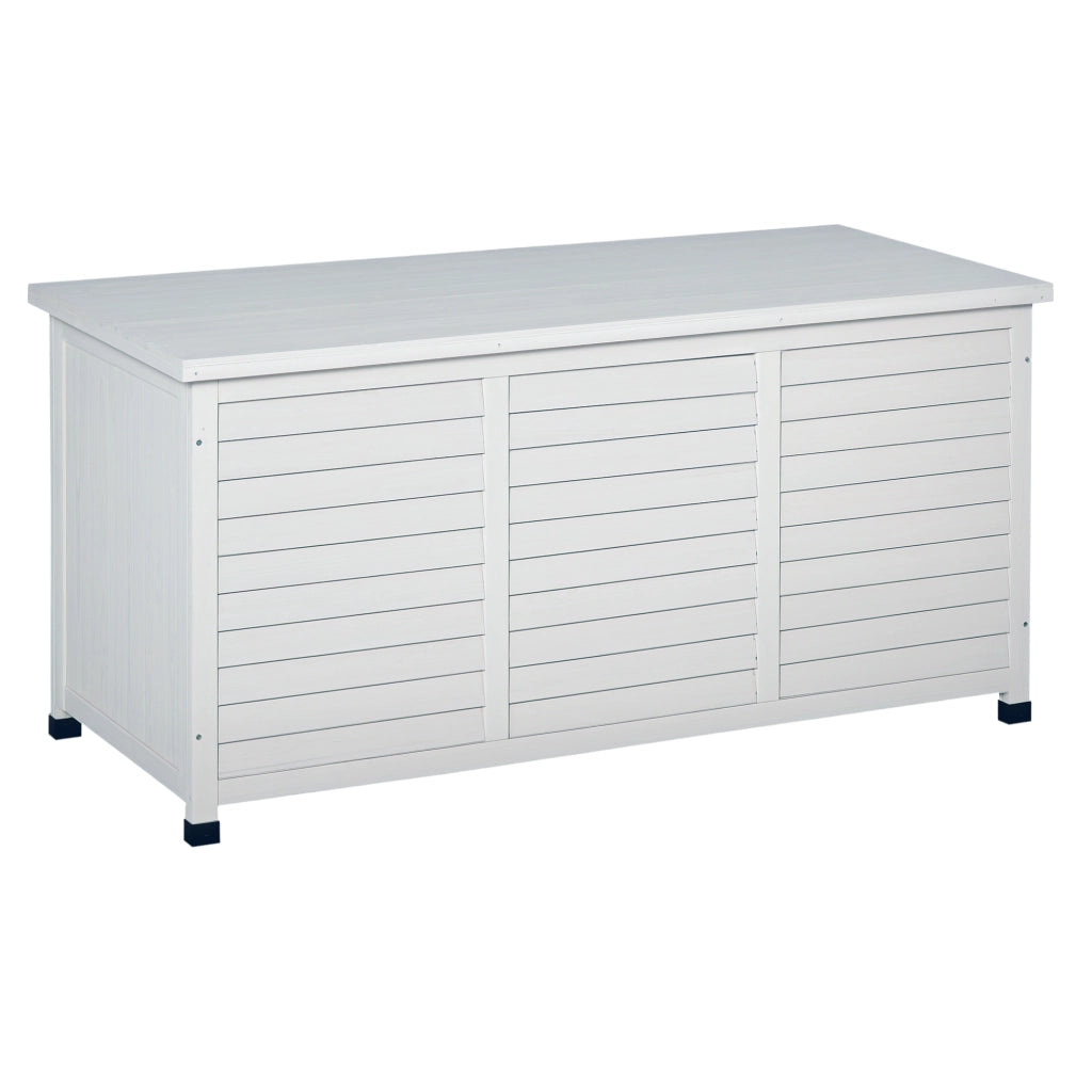 Baule da Esterno in Legno di Abete con Base Rialzato e Coperchio, Cassapanca Contenitore da Esterno Impermeabile, 127x56x60 cm, Bianco