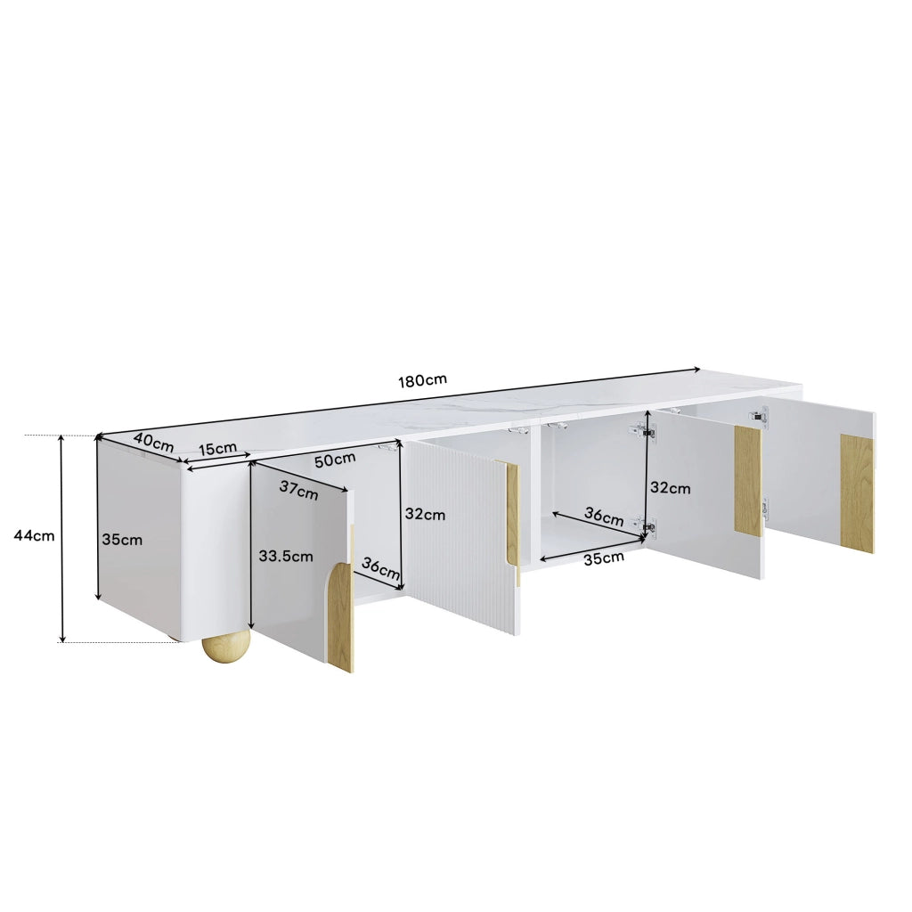 Cassettiera per TV bianca e legno; MDF e truciolare; lunghezza 180 cm