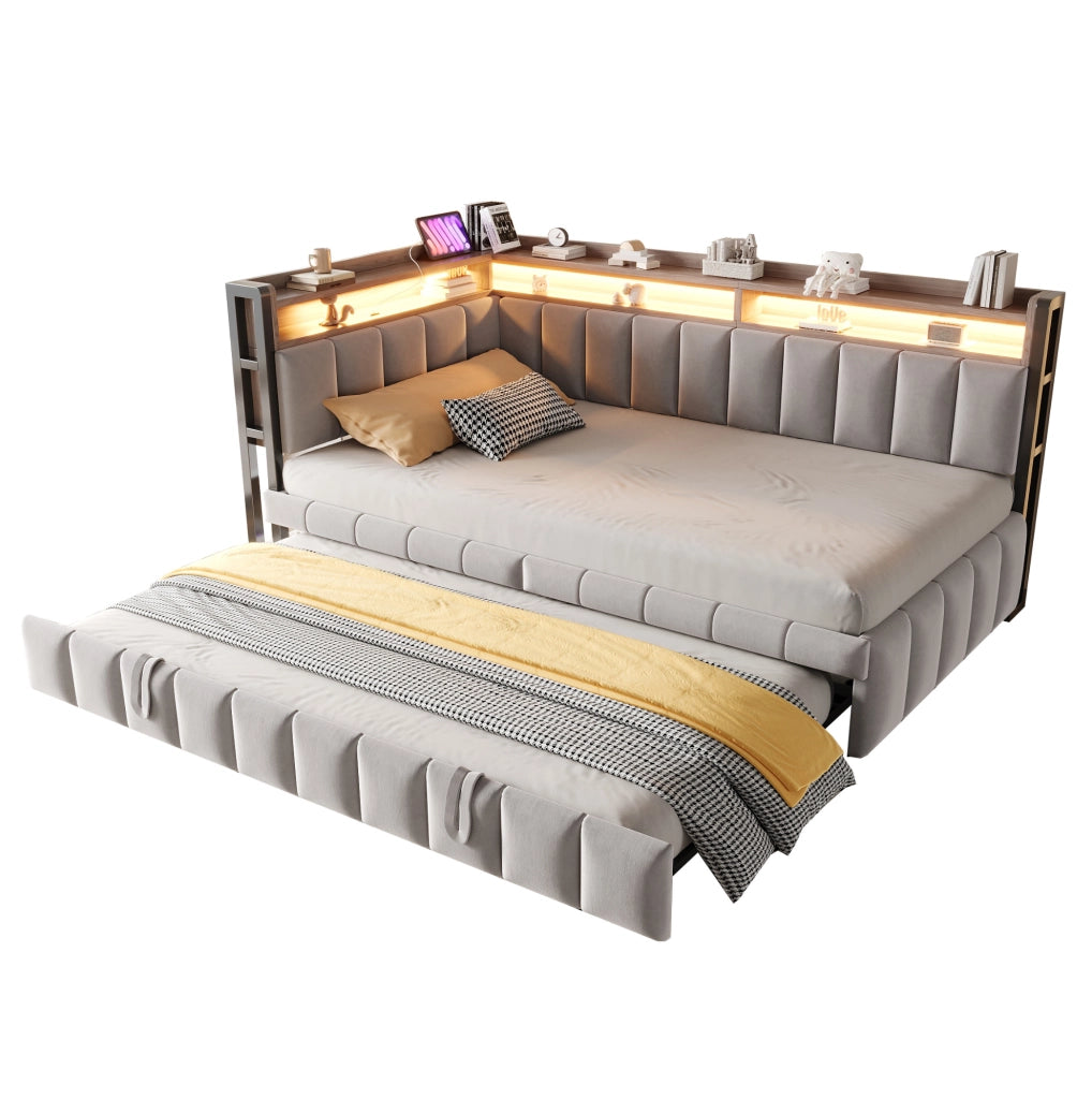 Divano letto 90x200 cm con letto estraibile, LED, USB e vani portaoggetti