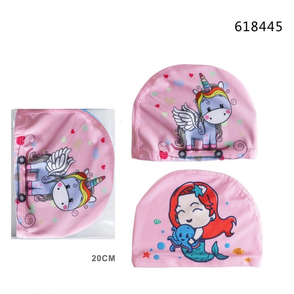 Trade Shop - Cuffia Nuoto Piscina In Tessuto Per Bambine 7+ Anni Stampe Unicorno Sirena 20cm 618445 -