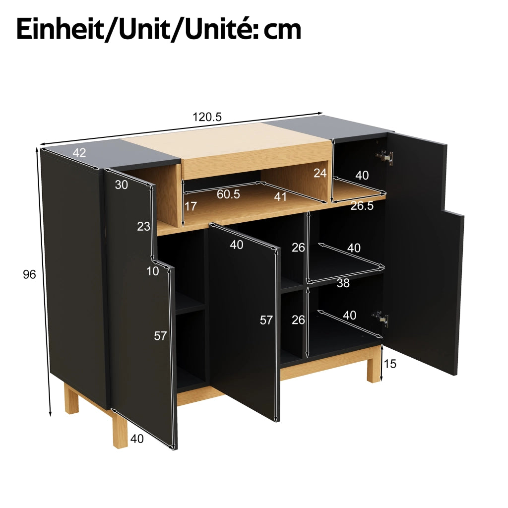 Credenza a 3 ante con nicchia aperta e vani chiusi per soggiorno e sala da pranzo; nera; 120.5 × 42 × 96 cm