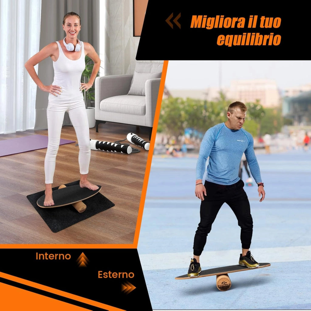 Balance Board in Legno, Tavola di Equilibrio con Rullo e Tappetino per Allenamento Skateboard Hockey Snowboard Surfing, per Esercizi Equilibrio e Tonificazione Core, Portata 227 kg (Nero)