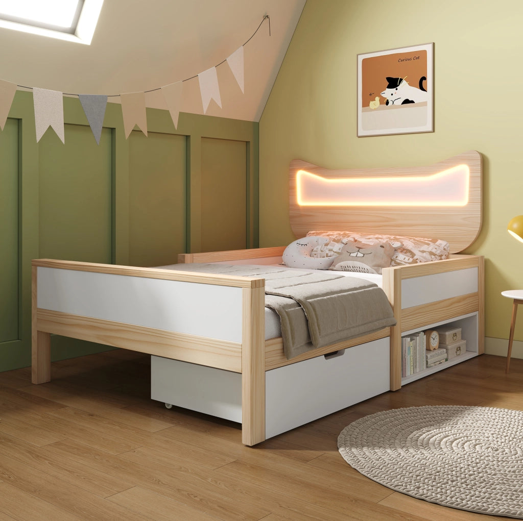 Letto per bambini con testiera a forma di gatto, LED RGB e contenitore