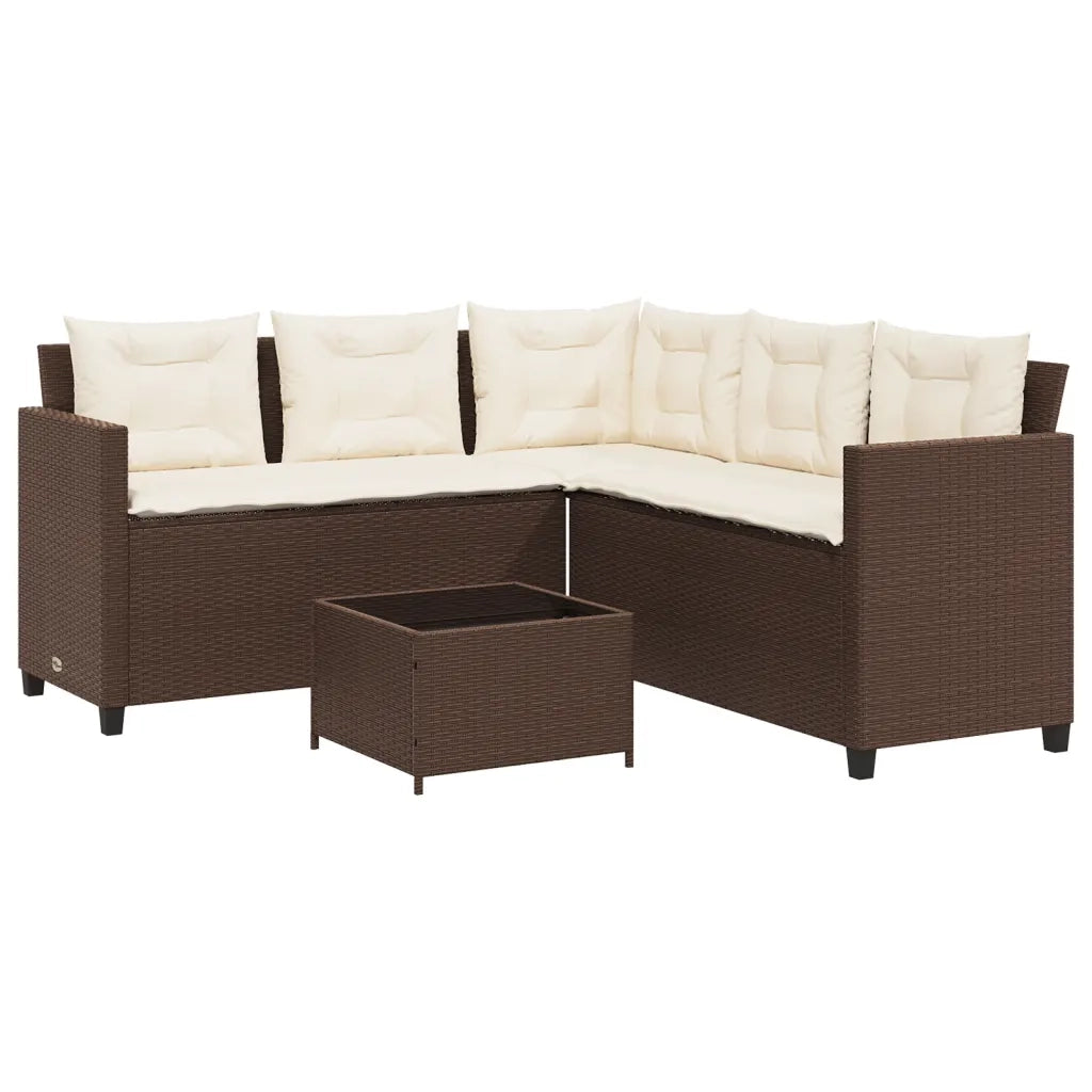 Divano da Giardino con Tavolo e Cuscini a L Marrone Polyrattan 369040