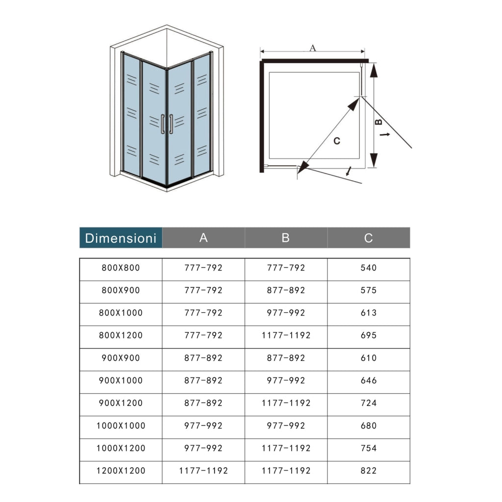 Box Doccia Angolare 120x120 cm H.185 cm Doppia Porta Battente in Vetro Temperato Trasparente Anticalcare 6 mm Profilo Nero Opaco