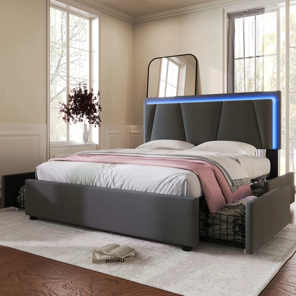 Letto Contenitore Matrimoniale 140x200 cm con LED; 4 Cassetti e Testiera Regolabile Grigio