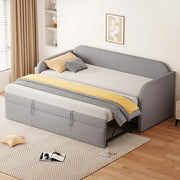Letto divano estraibile 90/180x190 cm con schienale a righe verticali; rete a doghe e rivestimento in lino grigio chiaro