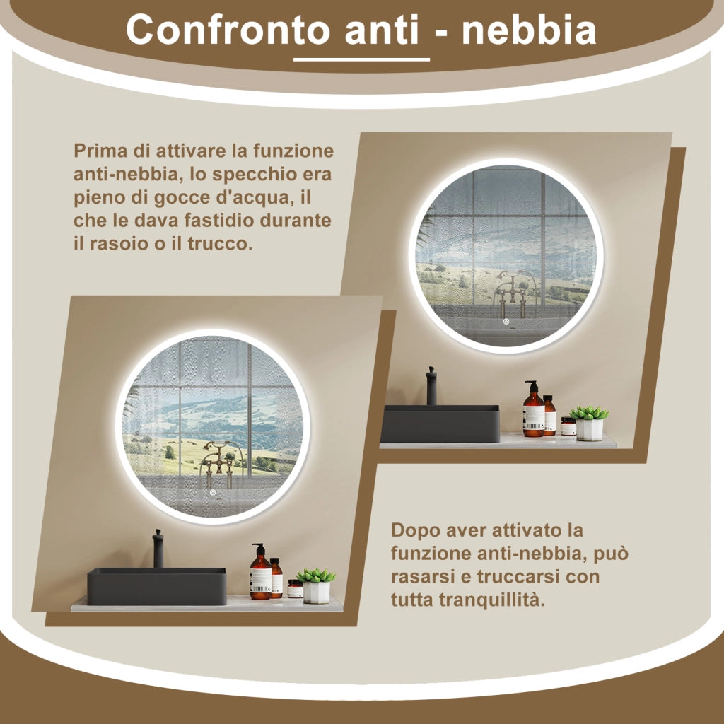 AICA SPECCHIO DA BAGNO ROTONDO CON LED 70 x 70 cm, antiappannamento, interruttore a sfioramento