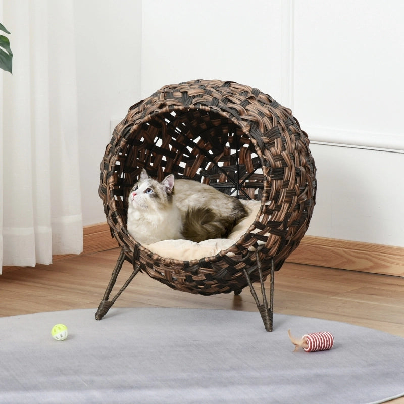 Casetta per gatti in rattan con cuscino, cuccia, grotta per gatti con piedini rialzati, marrone, ?52 x 58 cm