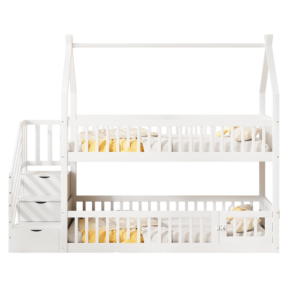 Letto a castello per bambini 90×200 cm con tetto; scala e cassetti contenitori; senza materasso; in legno massiccio bianco