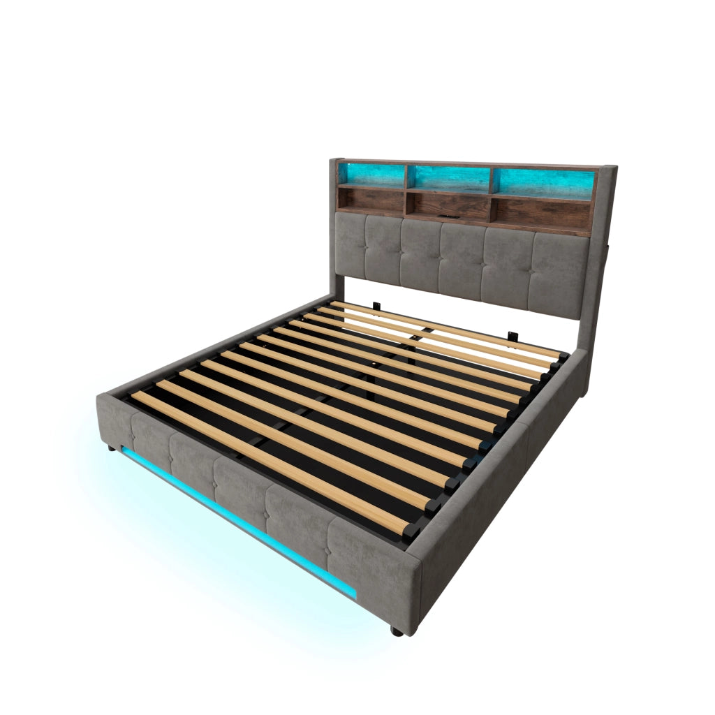 Letto matrimoniale 160x200 cm in velluto grigio scuro con testiera multifunzione, LED, USB-C e contenitore idraulico