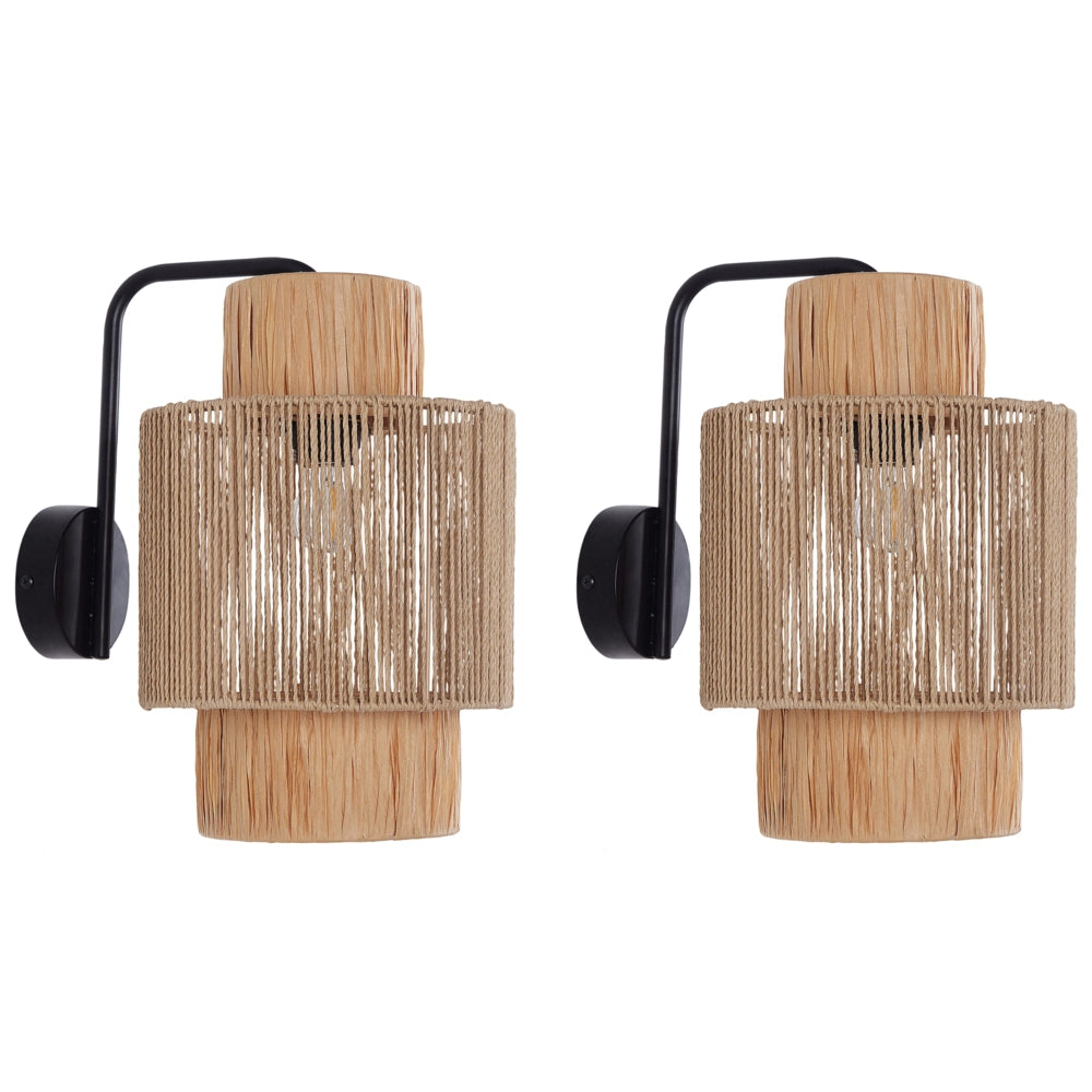 Set di 2 lampade da parete in rafia naturale con base in metallo stile boho naturale elegante