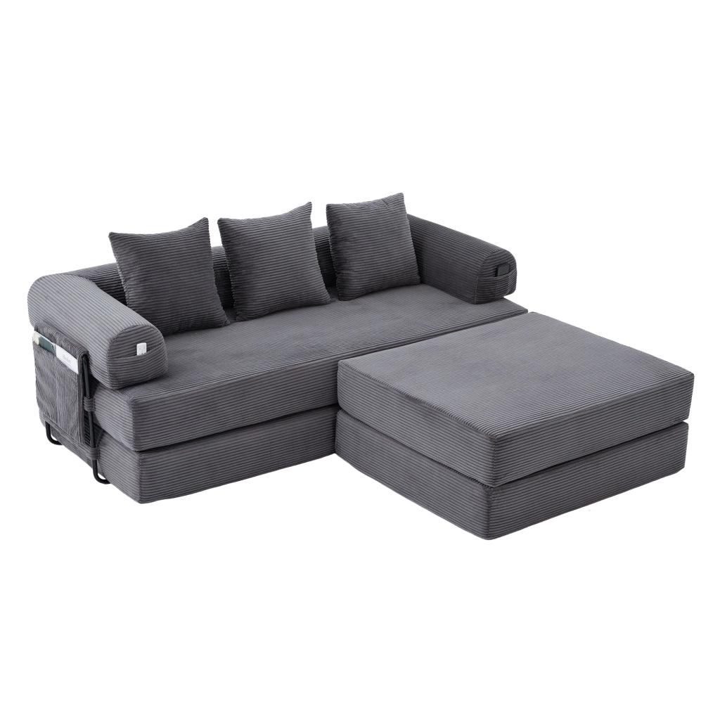Divano modulare in velluto a coste con pouf, 3 cuscini e tasca laterale, grigio scuro