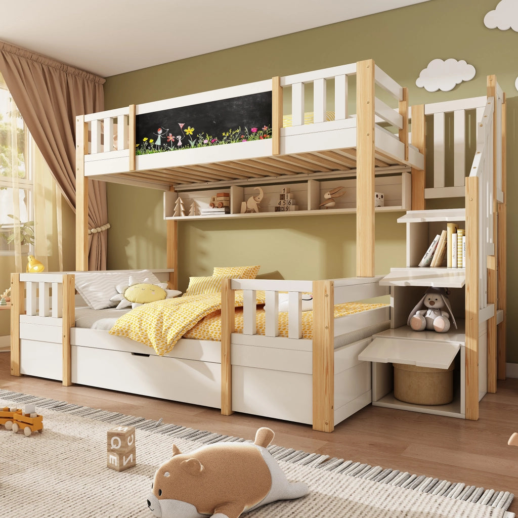 DESMIU Letto a castello per bambini 90 × 200 e 140 × 200 cm con lavagna, vano contenitore, senza materasso, in legno, bianco