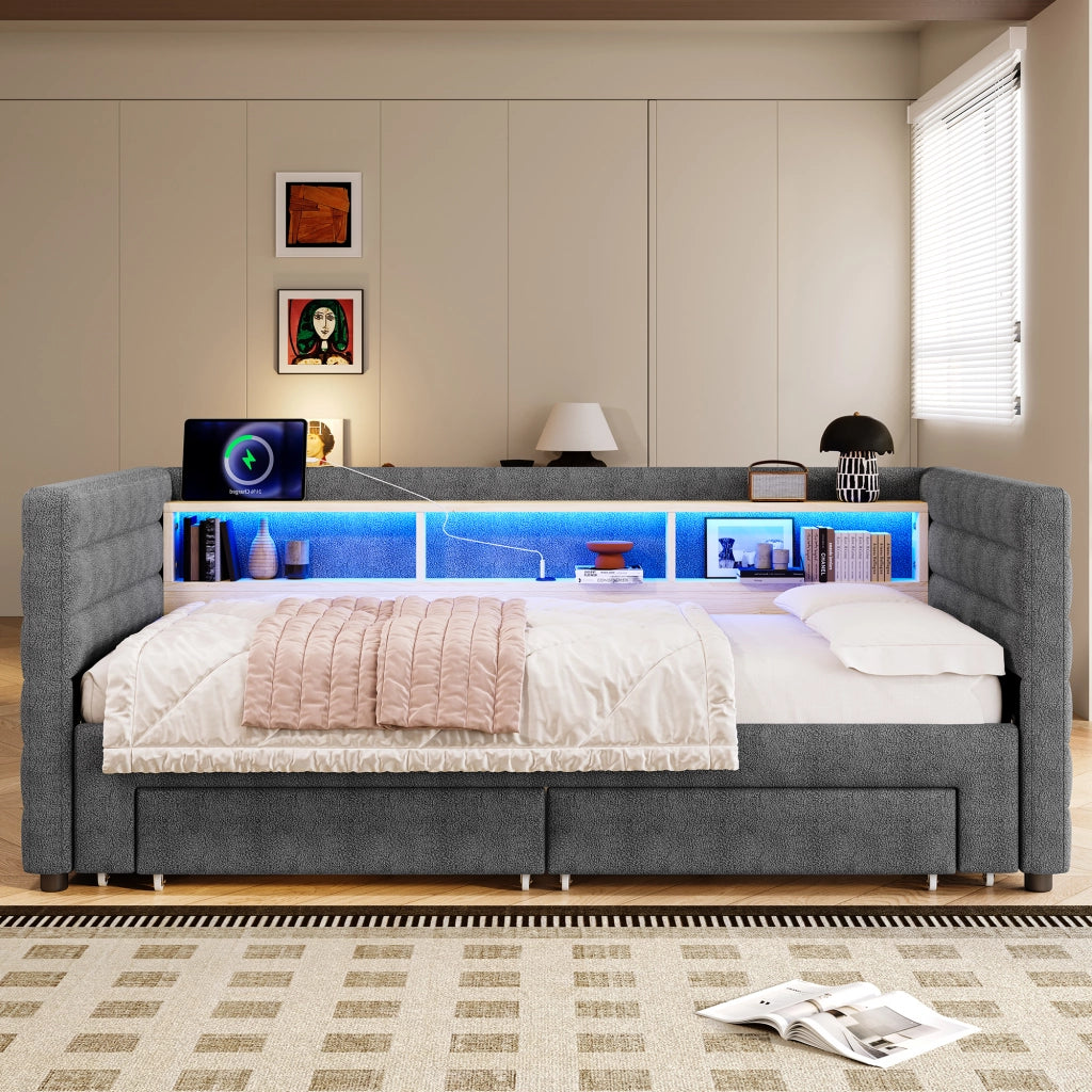 LETTO estraibile 90x190 cm in velluto grigio con LED, 2 cassetti e USB/Type-C