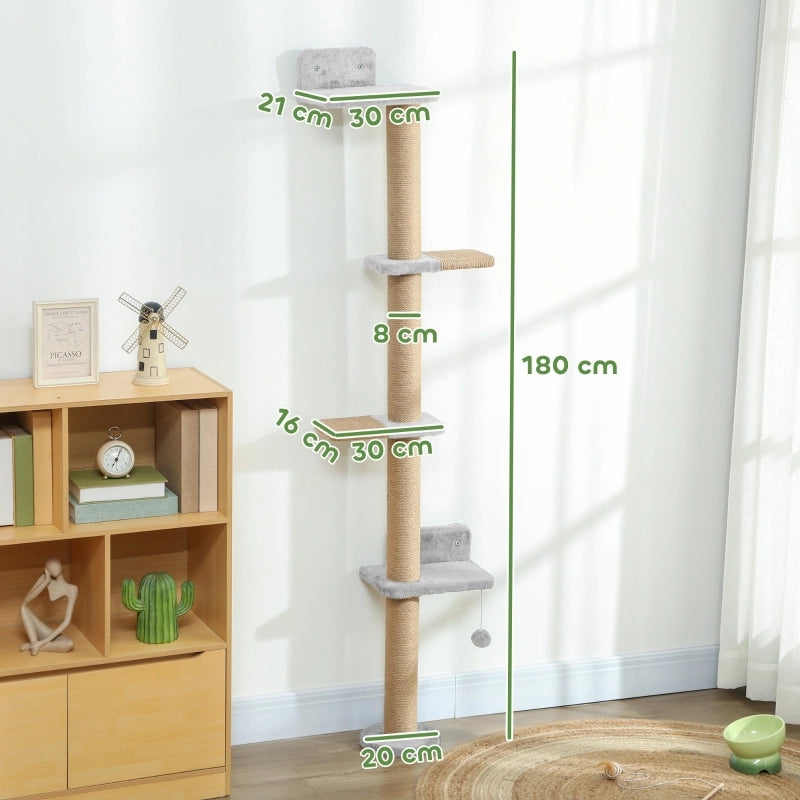 Tiragraffi per gatti, design a 5 livelli, giocattolo, pali in sisal, tessuto felpato, grigio chiaro