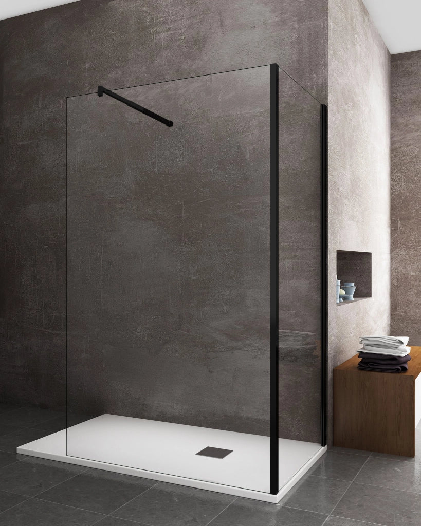 Parete Doccia Angolare walk-in h 200 vetro 8MM trasparente Telaio Nero con Accessori - 70X110 REVERSIBILE